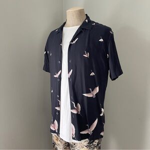 Jack London Flying Cranes on Navy Short Sleeve Button Down Shirt